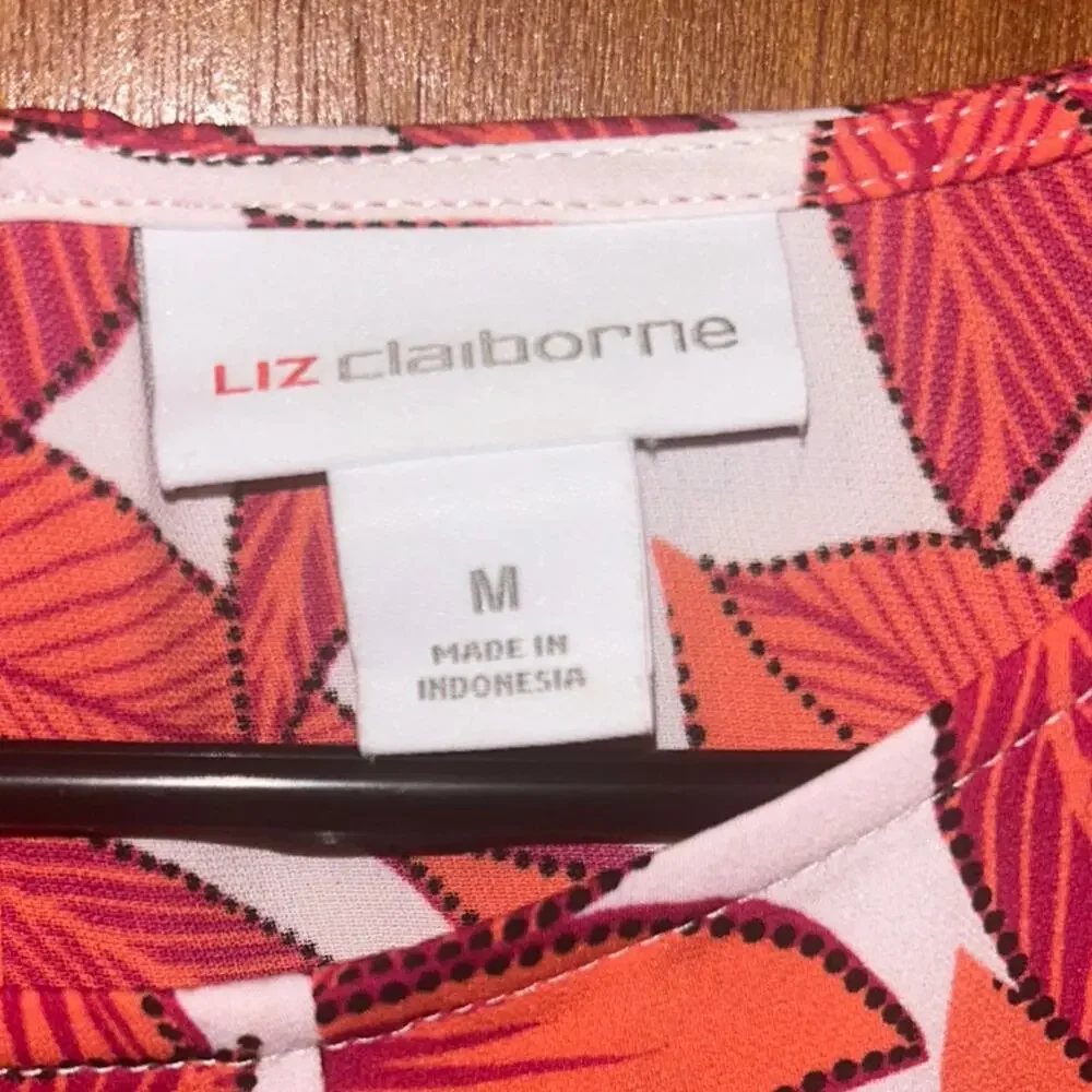 Liz Claiborne Women's Medium White Orange Leaf Print Blouse Tie Waist Belt - Picture 3 of 4